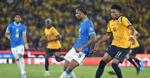 Brazils Defender Alexsandro Ribeiro And Ecuadors Forward Kevin Rodriguez Fight For The Ball 17491734